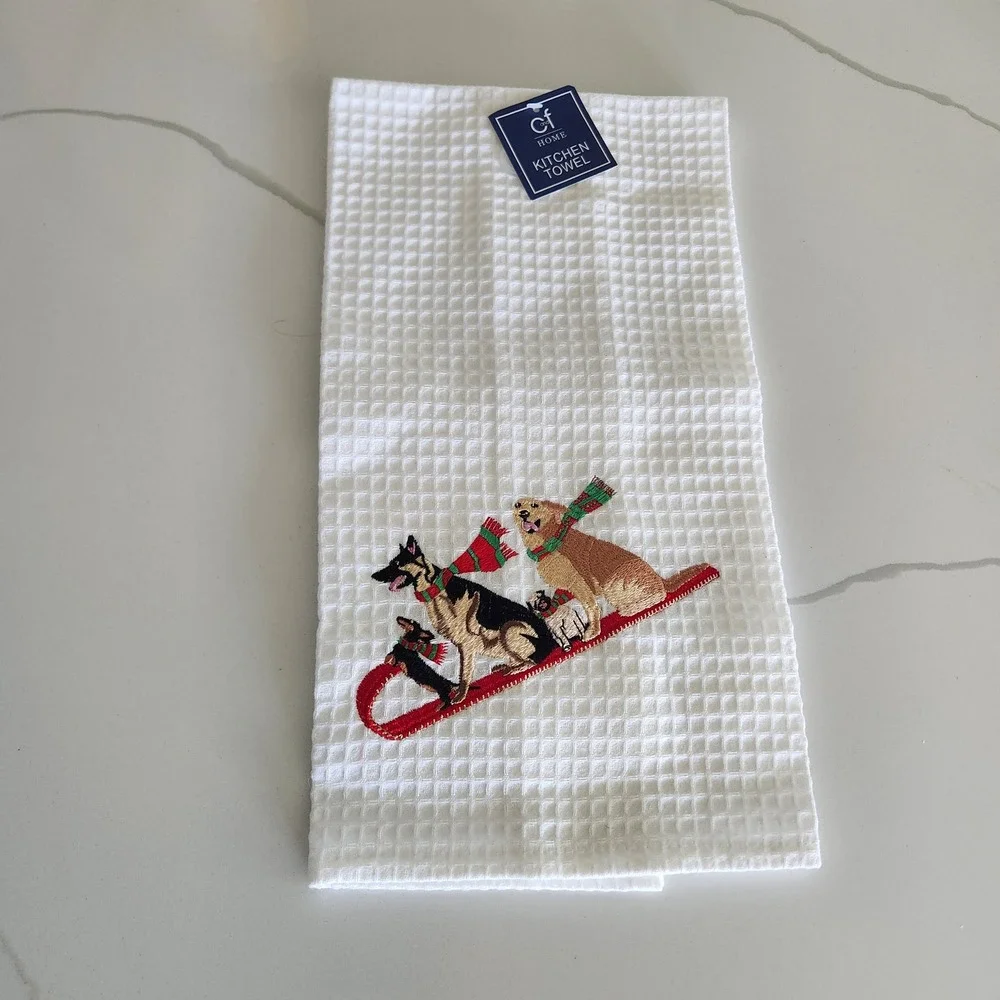 Dogs on Sled Waffle Weave Kitchen Towel White Cotton Christmas Holiday NWT‎